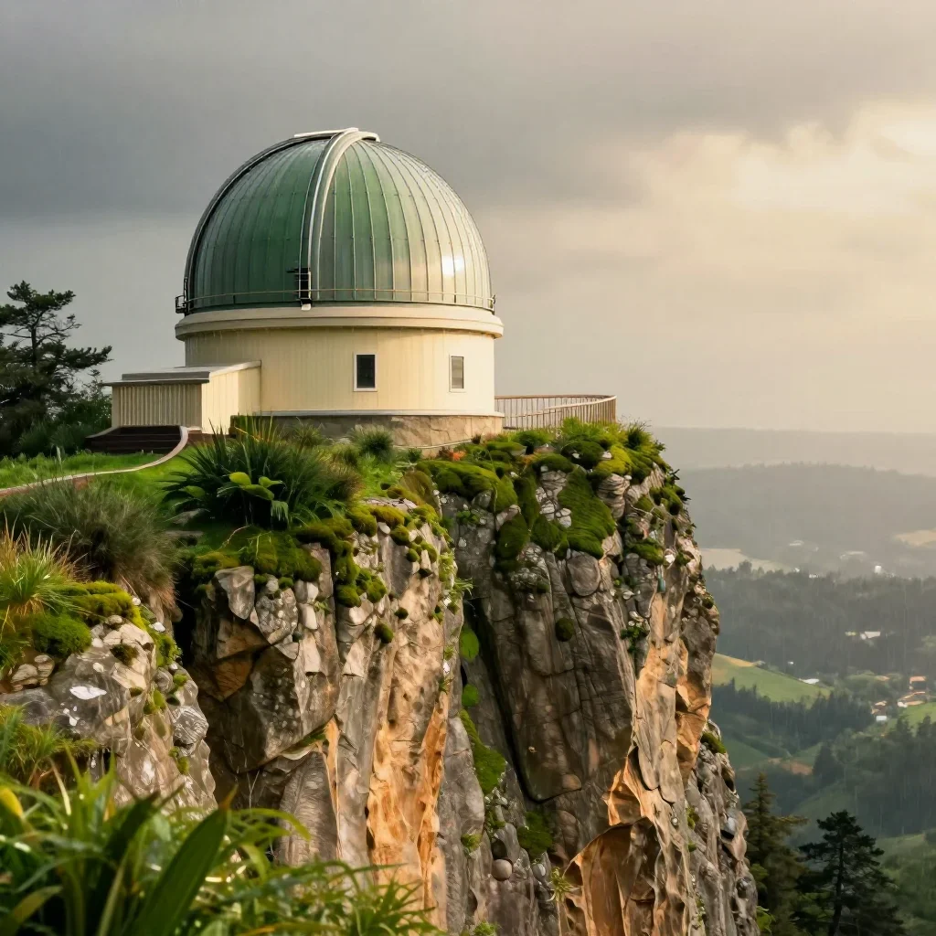 a cliffside observatory after warm summer rain, refined editorial travel photography, crisp material detail, moss green 