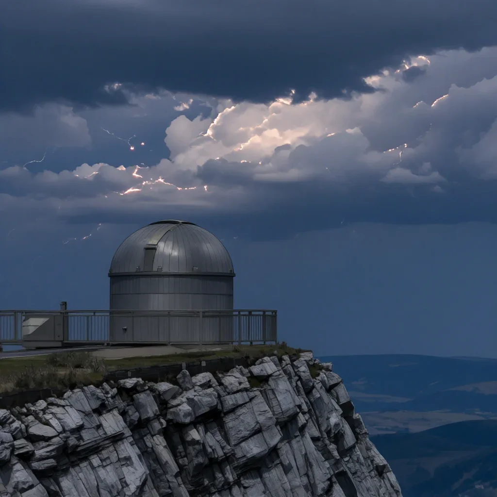 a cliffside observatory after a distant thunderstorm, museum-quality still-life photography, calm negative space, indigo