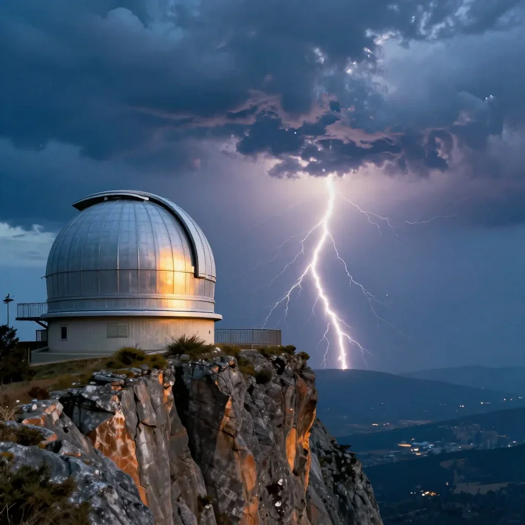 a cliffside observatory after a distant thunderstorm, quiet science-fiction concept art, clean natural textures, cobalt 