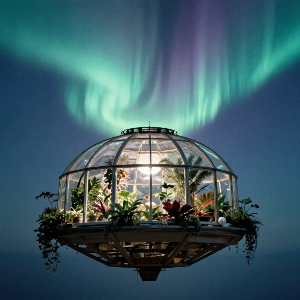 a floating botanical conservatory beneath an aurora, quiet science-fiction concept art, subtle film grain, indigo and pe