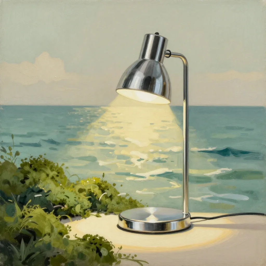 a modular chrome reading lamp in a gentle sea breeze, luminous gouache painting, gentle reflected light, moss green and