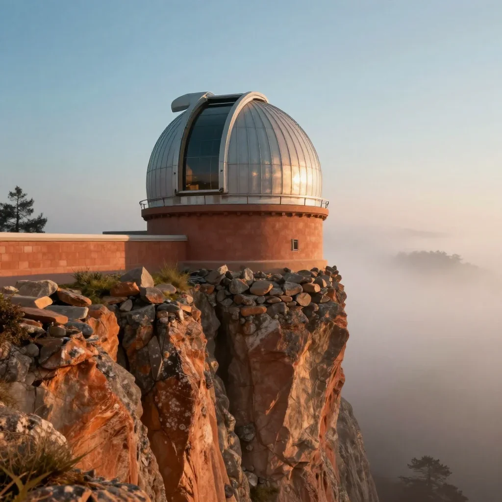 a cliffside observatory in early spring mist, cinematic architectural photography, gentle reflected light, terracotta an