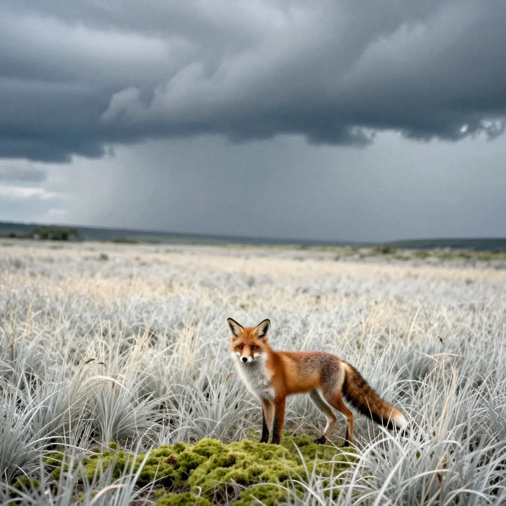 a red fox among silver grass after a distant thunderstorm, soft-grain analog film photography, calm negative space, moss