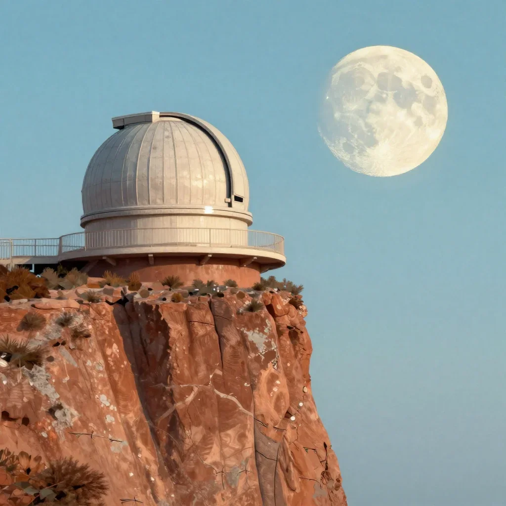 a cliffside observatory at moonrise, modernist poster illustration, weathered tactile surfaces, terracotta and pale sky 