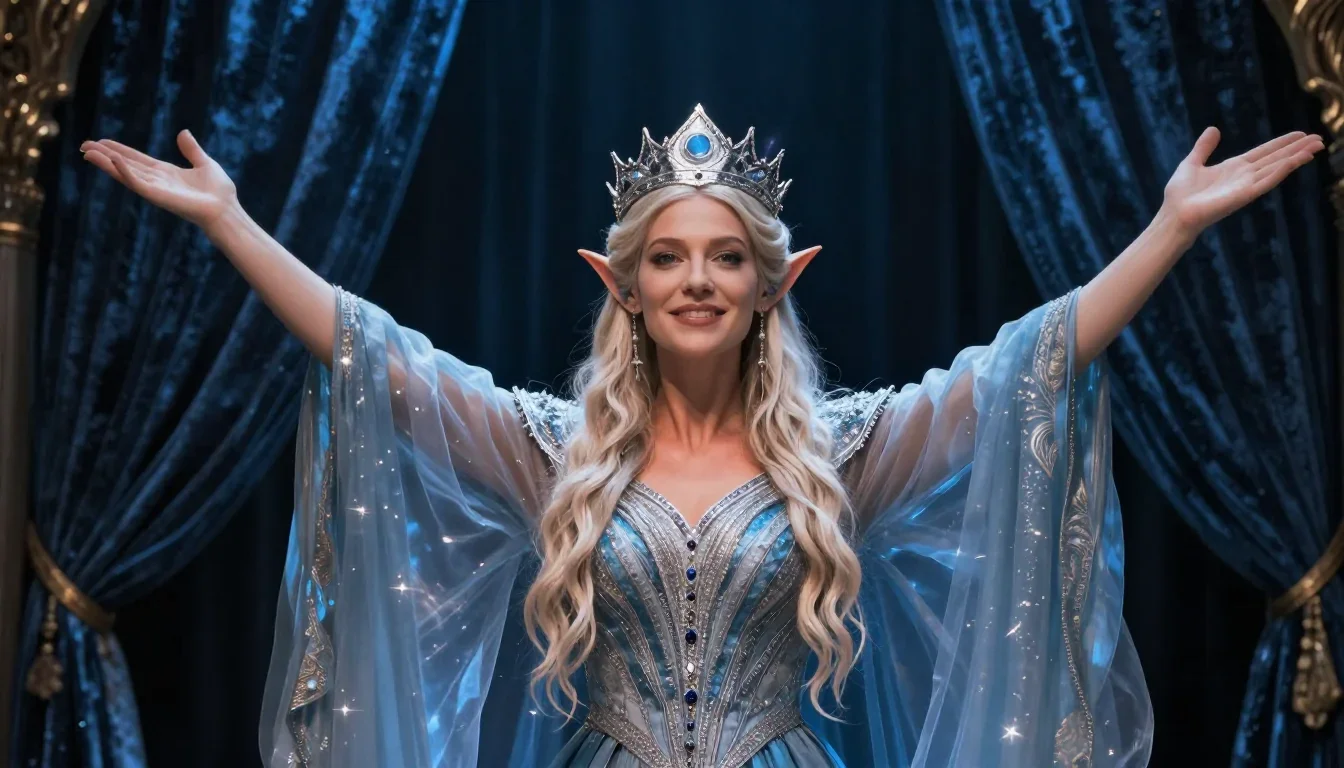 an elven queen in a moonlit silver crown in a bold, open-armed welcome, in a velvet-curtained boudoir, National Geograph