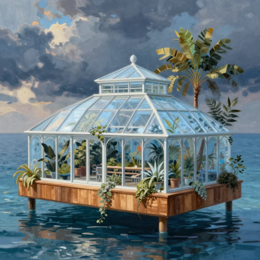 a floating botanical conservatory in a gentle sea breeze, contemporary botanical illustration, atmospheric depth, ice bl