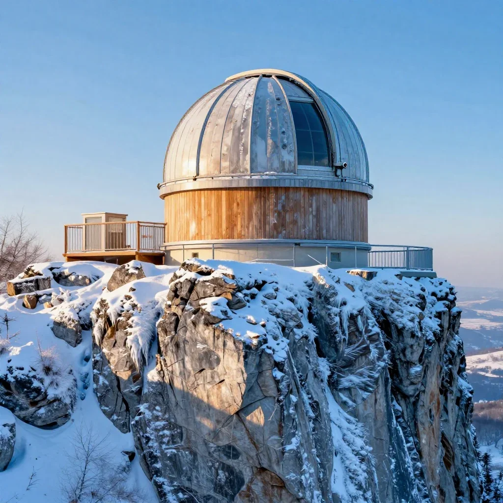 a cliffside observatory in crisp winter sunlight, high-end design magazine photography, weathered tactile surfaces, ice