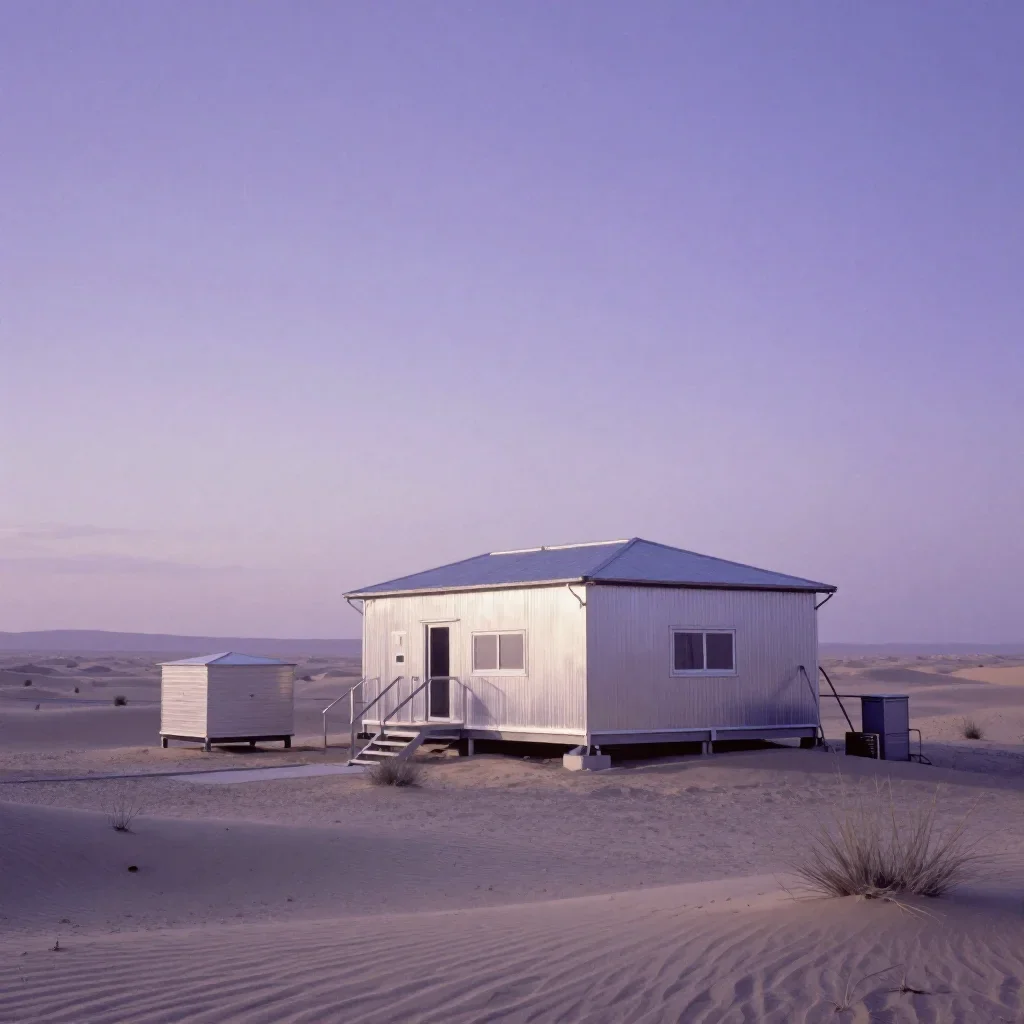 a desert research station in quiet late-afternoon haze, Japanese woodblock-inspired editorial art, subtle film grain, la