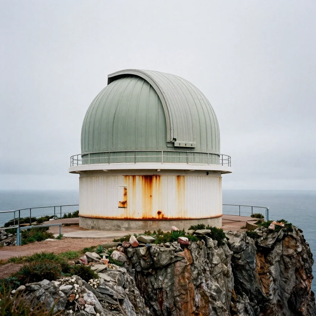 a cliffside observatory under overcast coastal light, museum-quality still-life photography, subtle film grain, rust and