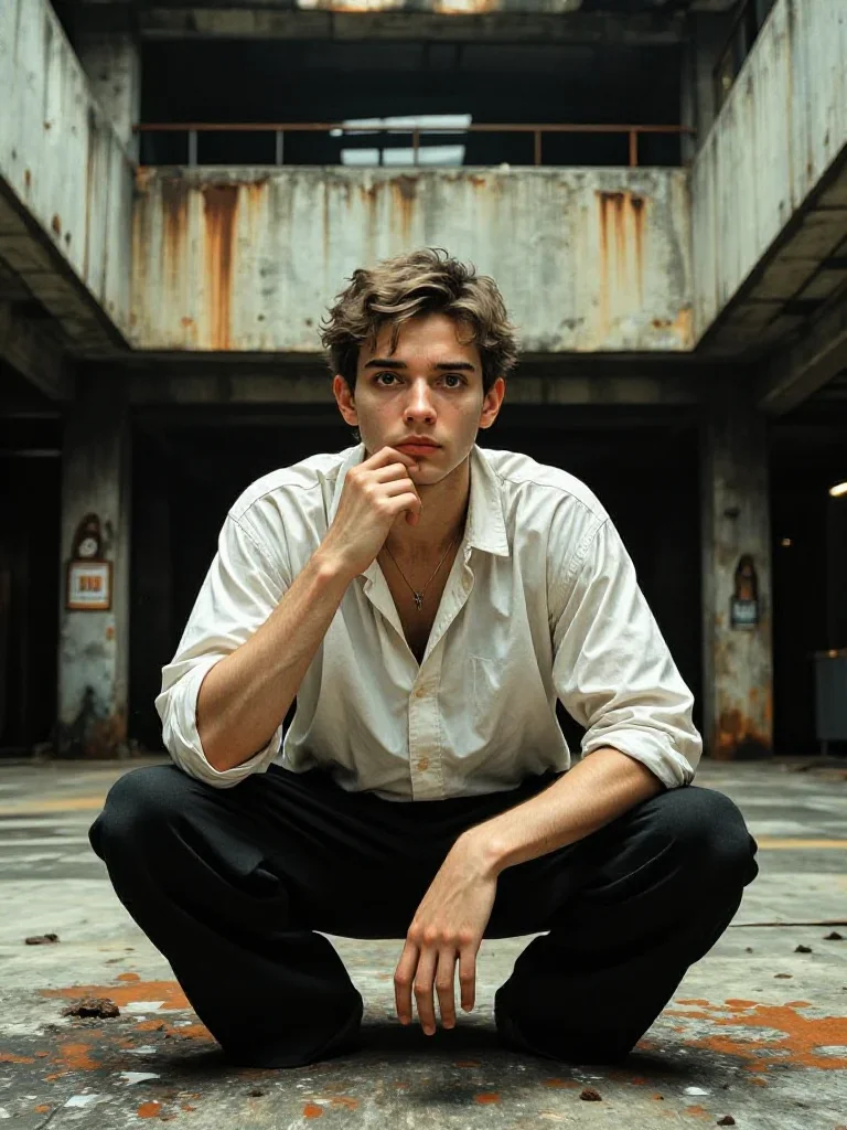 a handsome man in a rolled-sleeve white shirt in a low lunge with a lifted chin, in a brutalist concrete atrium, moody F