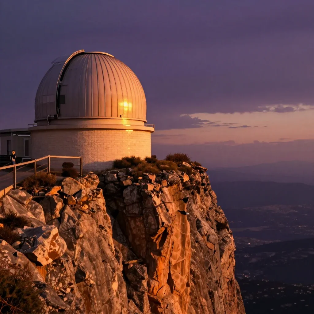 a cliffside observatory during golden hour, refined editorial travel photography, atmospheric depth, ochre and ultramari