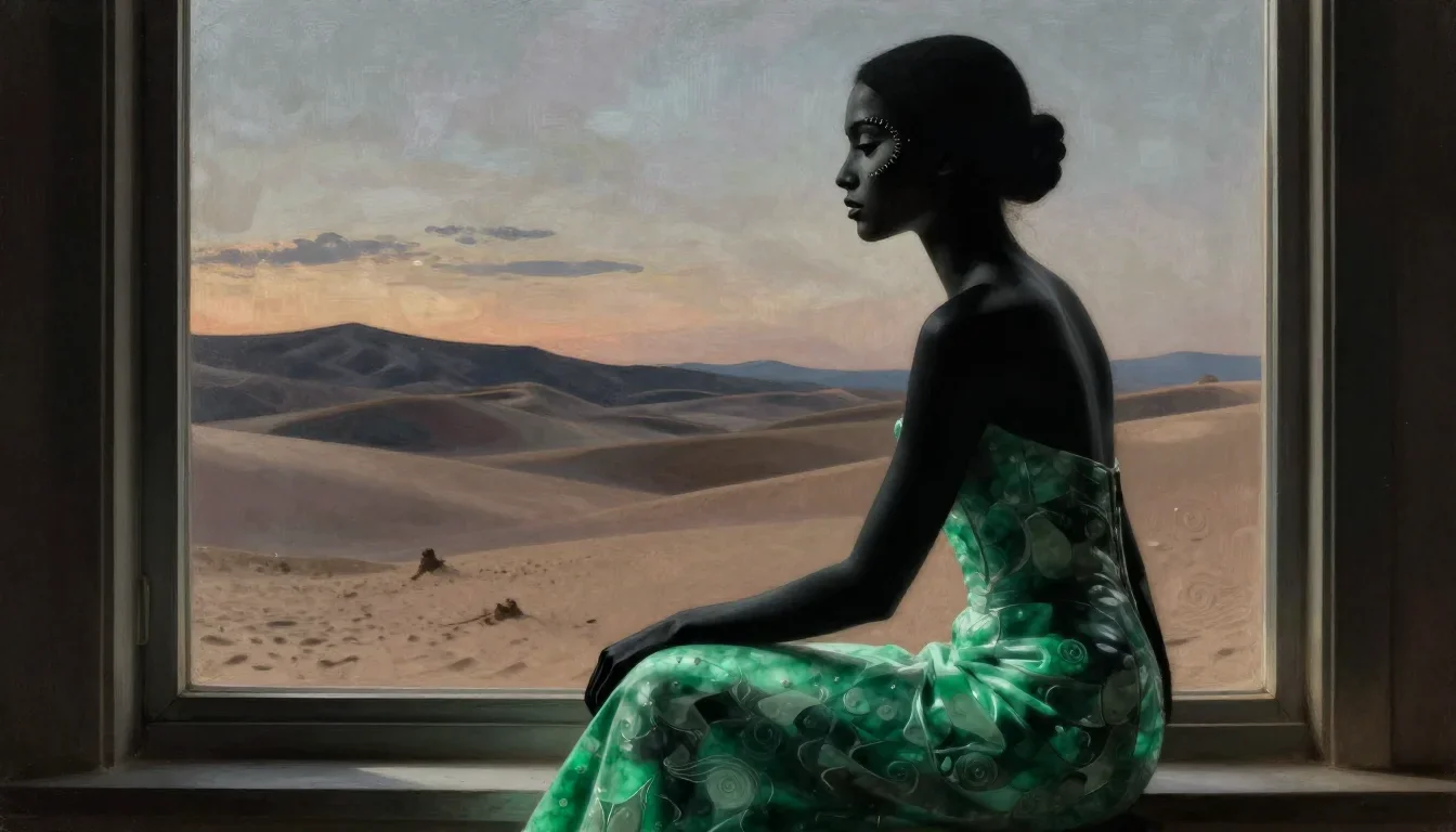 a couture catwalk muse with razor cheekbones in a seated silhouette against a window, in a silent desert at twilight, Renaissance chiaroscuro oil portrait, crisp material detail, jade and charcoal palette, no text, no...