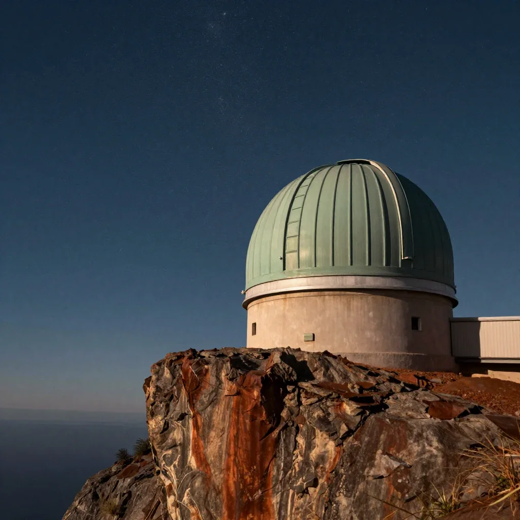 a cliffside observatory beneath a star-filled sky, museum-quality still-life photography, calm negative space, rust and 