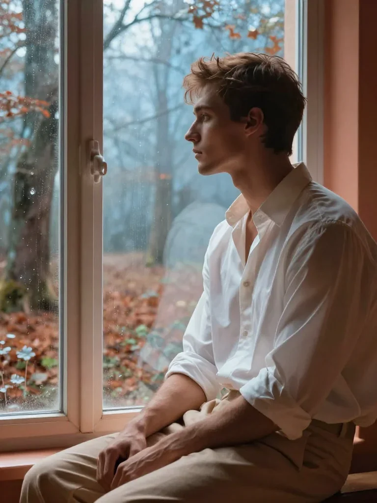 a handsome man in a rolled-sleeve white shirt in a seated silhouette against a window, in a dewy forest clearing, futuri