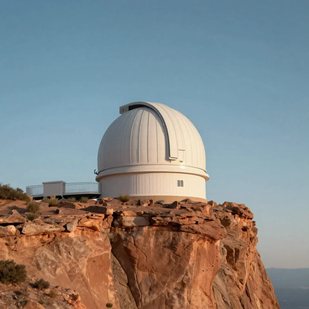 a cliffside observatory beneath a star-filled sky, quiet science-fiction concept art, clean natural textures, terracotta