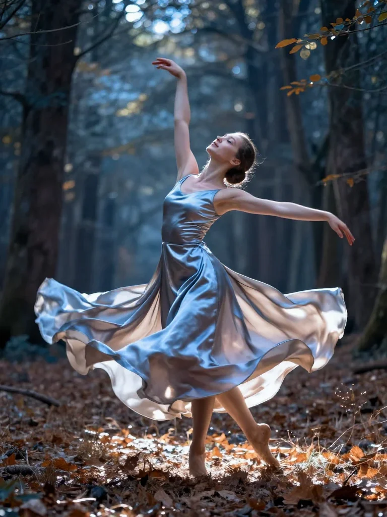 a dancer mid-spin in a silk maxi dress mid-turn with fabric catching the light, in a dewy forest clearing, editorial gla