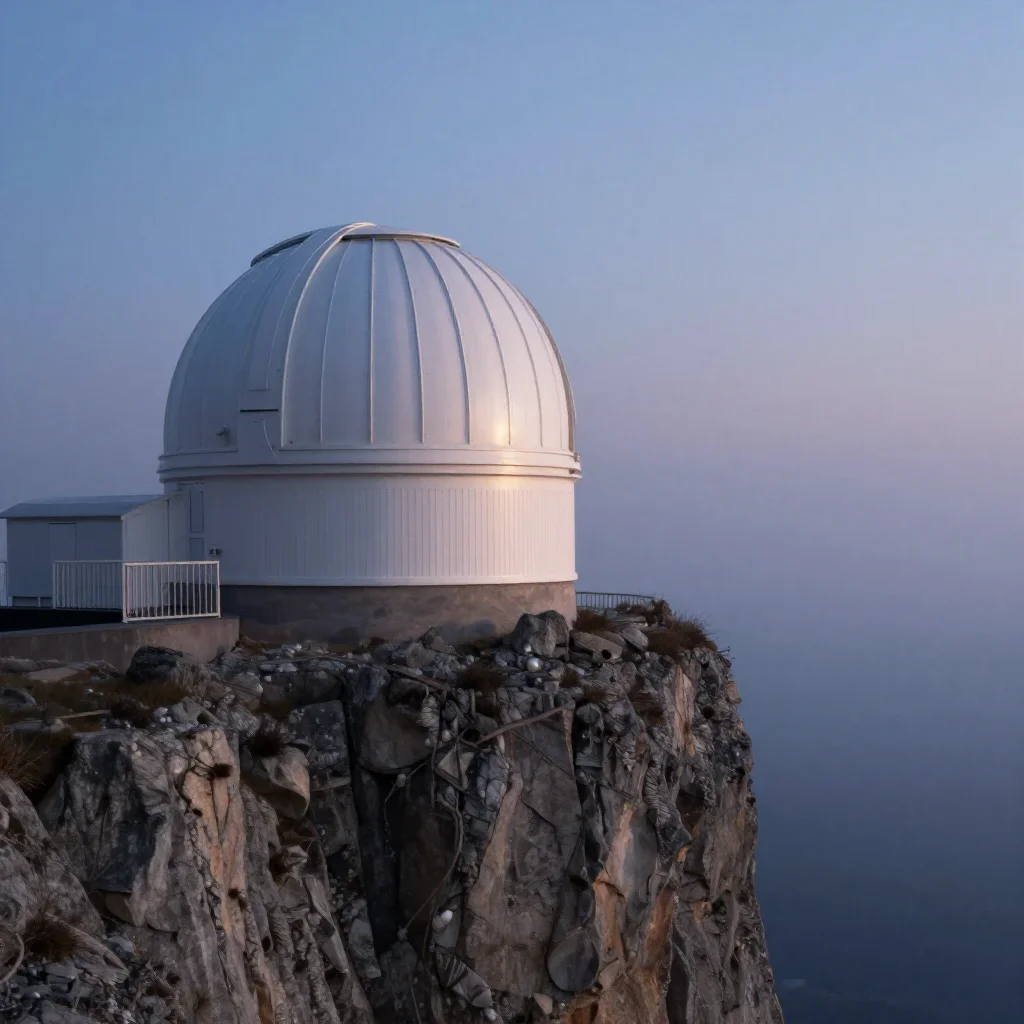 a cliffside observatory in quiet late-afternoon haze, museum-quality still-life photography, soft volumetric light, indi