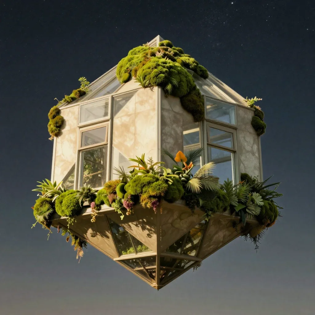 a floating botanical conservatory beneath a star-filled sky, cinematic architectural photography, careful geometric comp