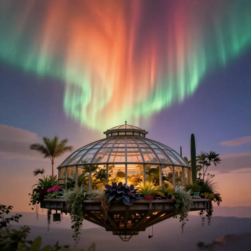 a floating botanical conservatory beneath an aurora, dreamlike fine-art landscape photography, soft volumetric light, oc