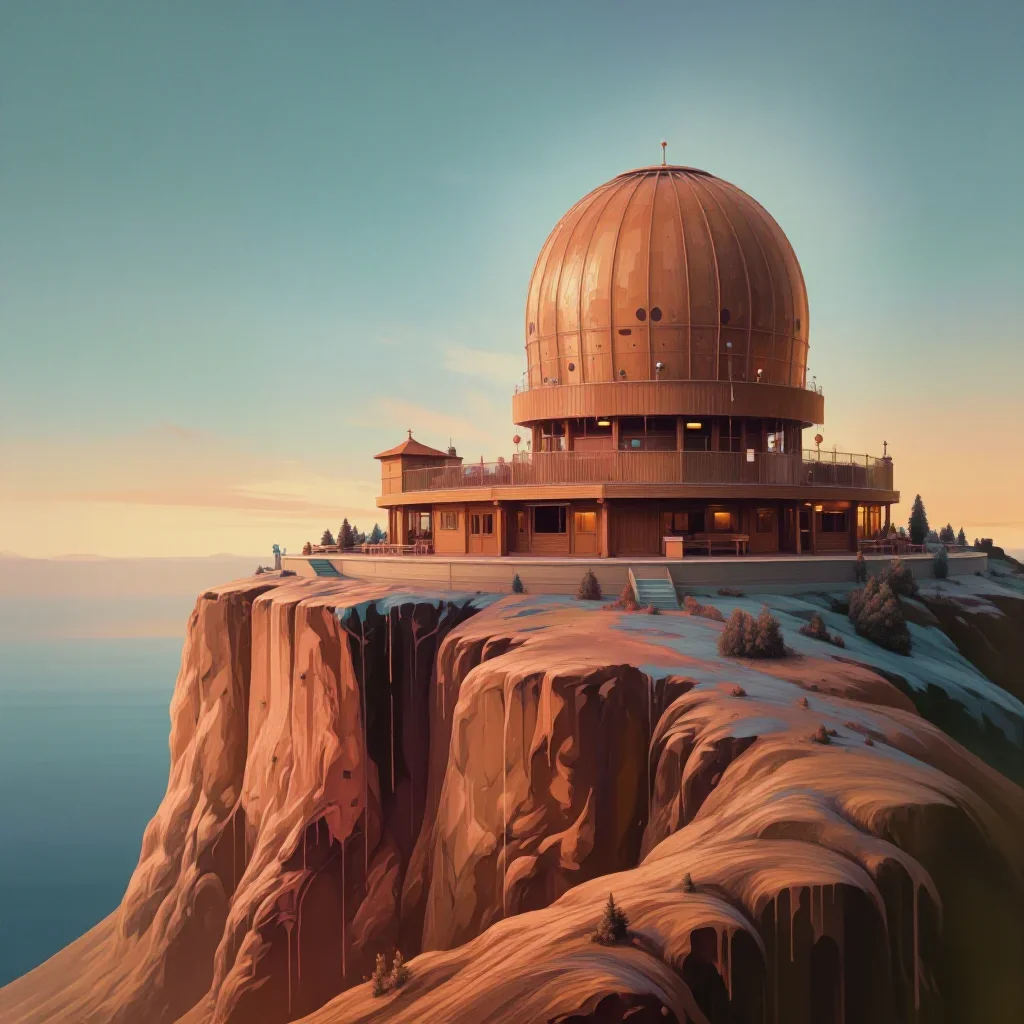 a cliffside observatory in crisp winter sunlight, Japanese woodblock-inspired editorial art, restrained color harmony, t