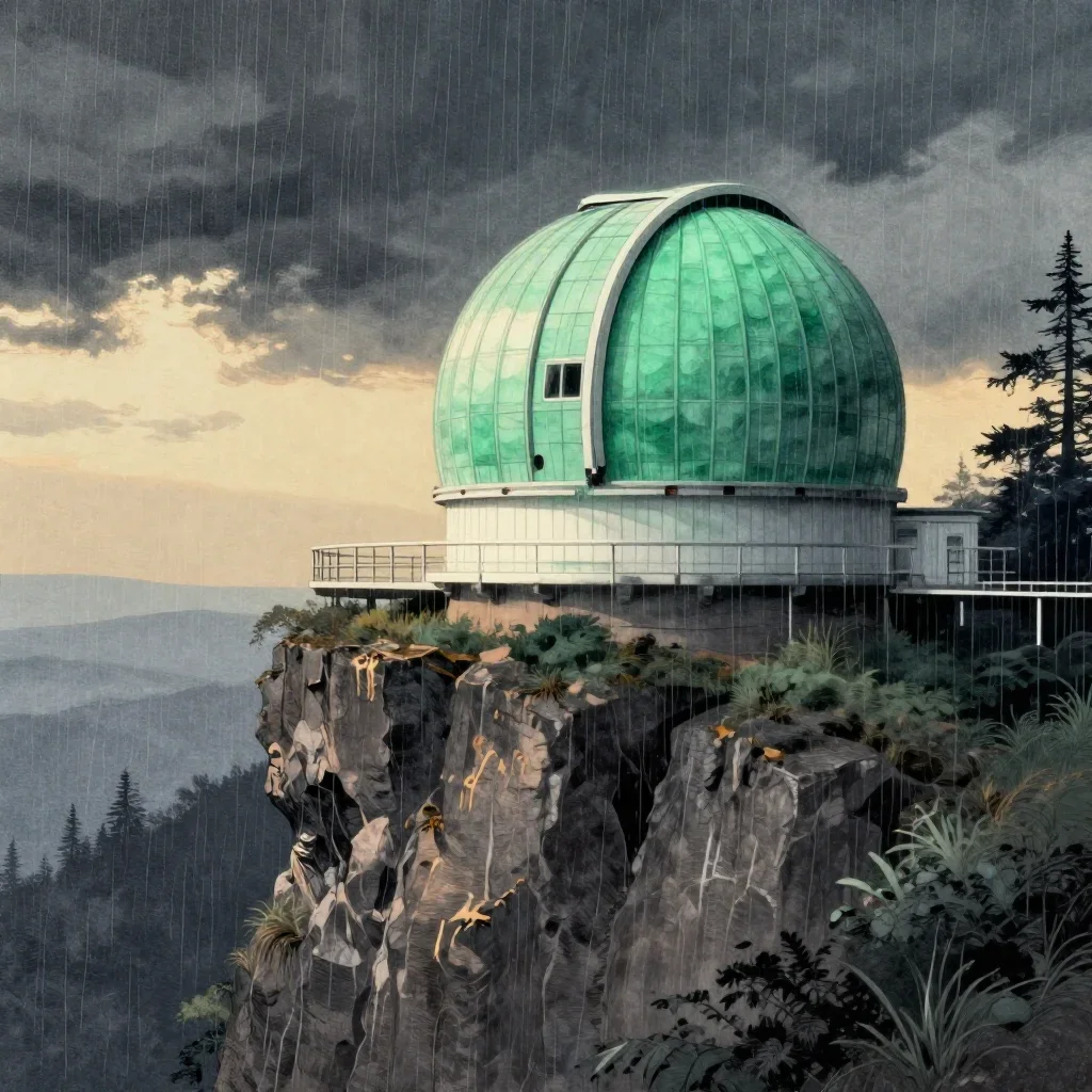 a cliffside observatory after warm summer rain, Japanese woodblock-inspired editorial art, subtle film grain, jade and c