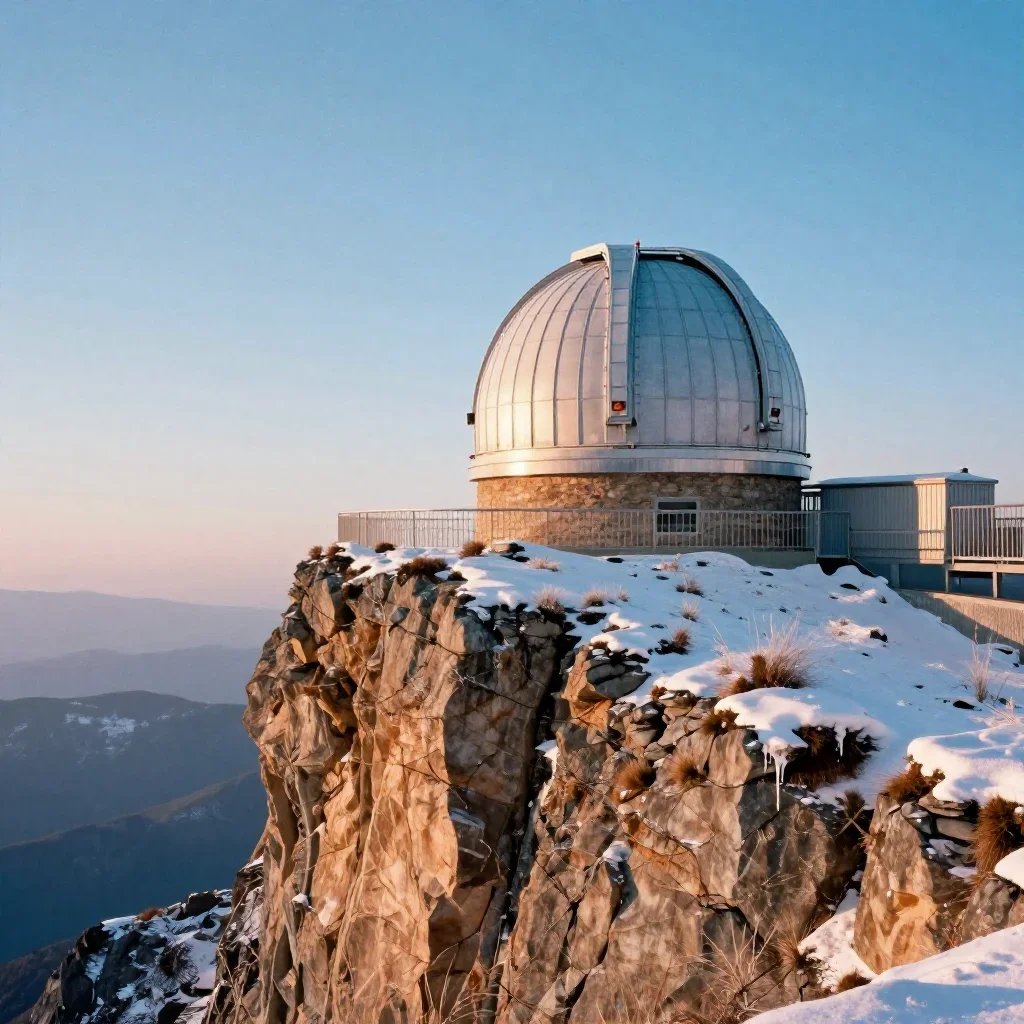 a cliffside observatory in crisp winter sunlight, dreamlike fine-art landscape photography, subtle film grain, ice blue 