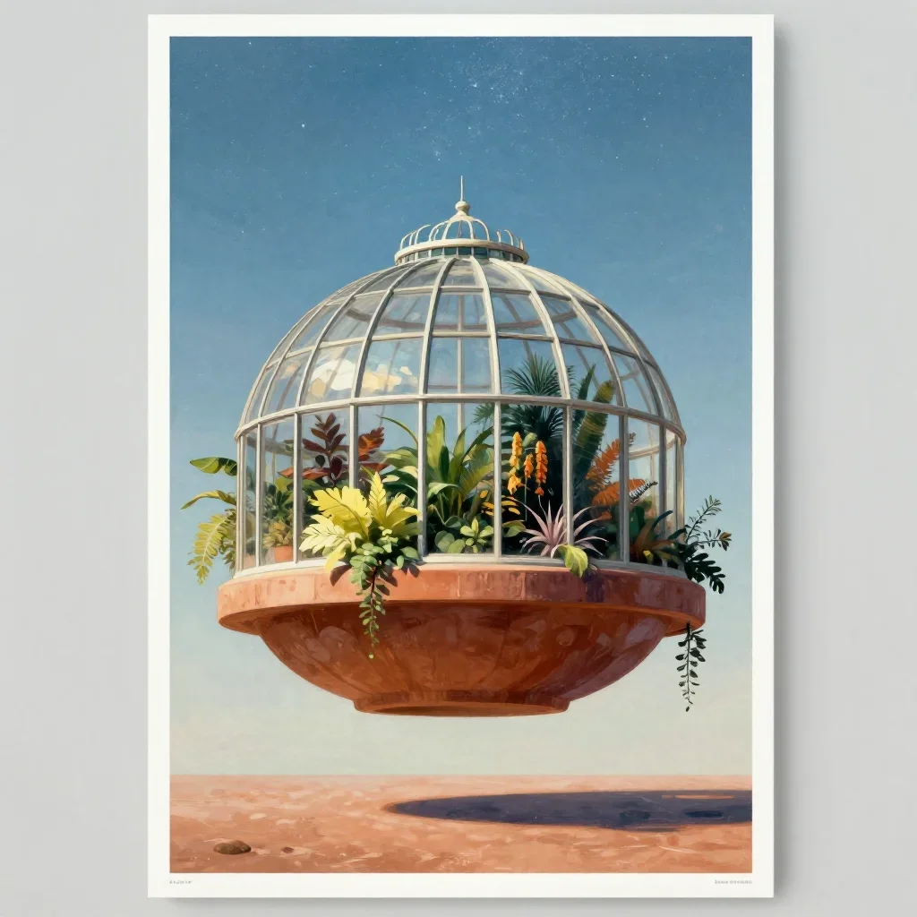 a floating botanical conservatory beneath a star-filled sky, modernist poster illustration, calm negative space, terraco