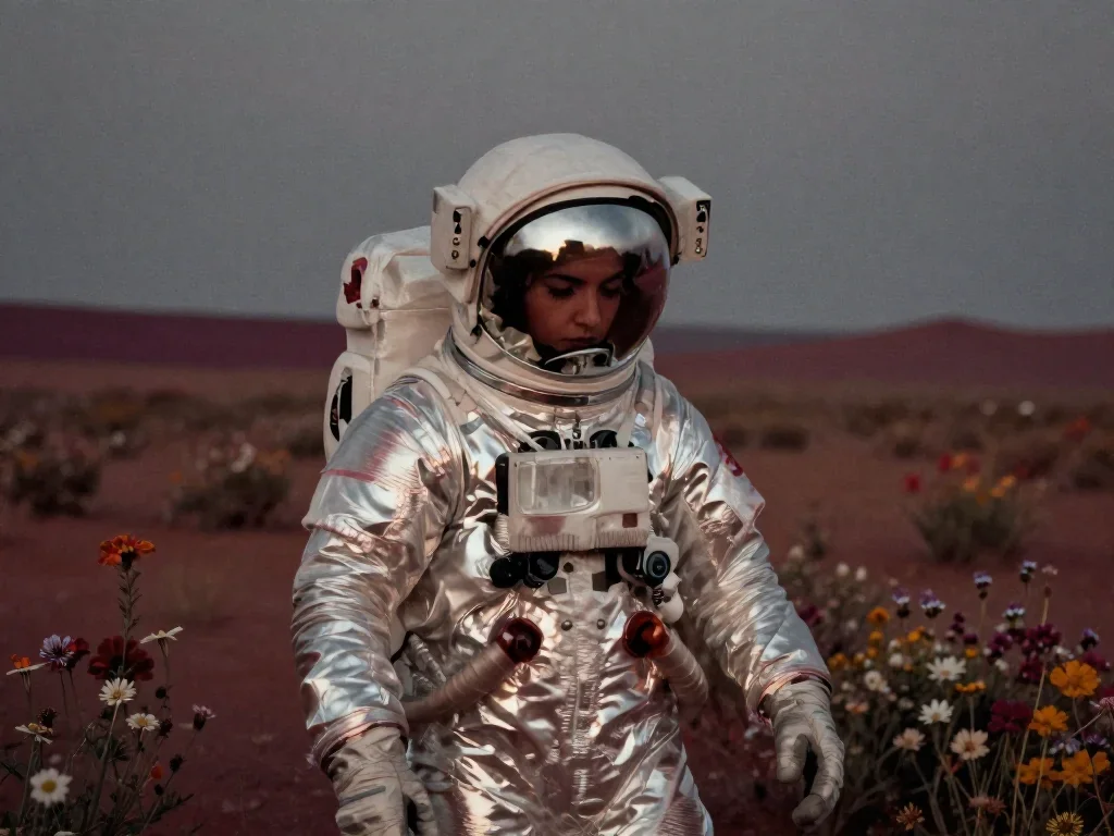 an astronaut in a reflective bodysuit among wildflowers in a coy glance from under lowered lashes, in a silent desert at