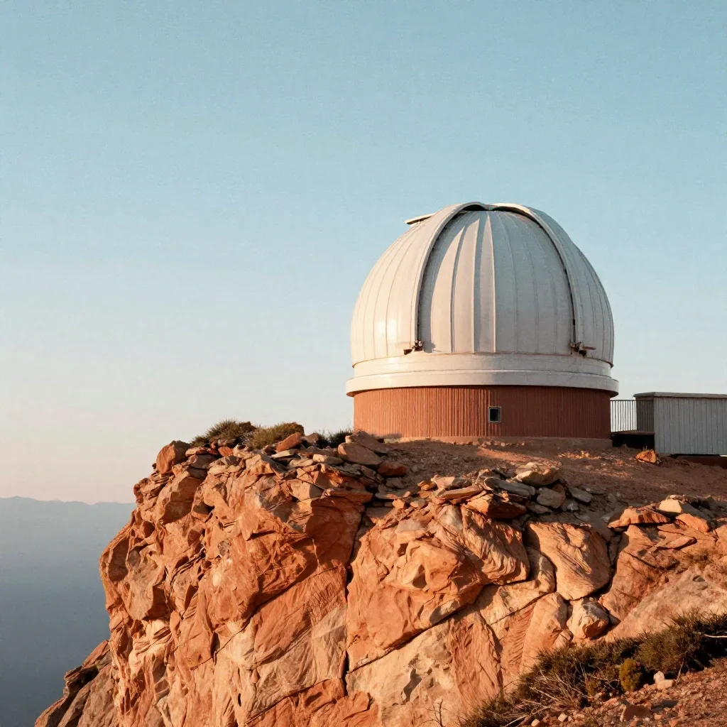 a cliffside observatory in crisp winter sunlight, dreamlike fine-art landscape photography, subtle film grain, terracott