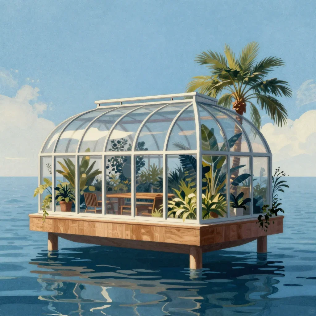 a floating botanical conservatory in a gentle sea breeze, modernist poster illustration, subtle film grain, ice blue and