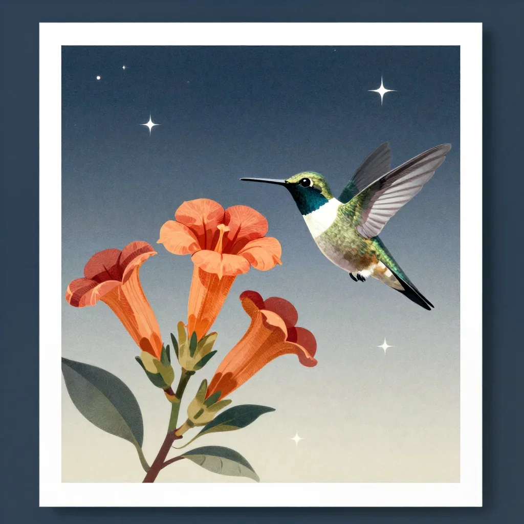 a hummingbird beside trumpet flowers beneath a star-filled sky, modernist poster illustration, atmospheric depth, coral 