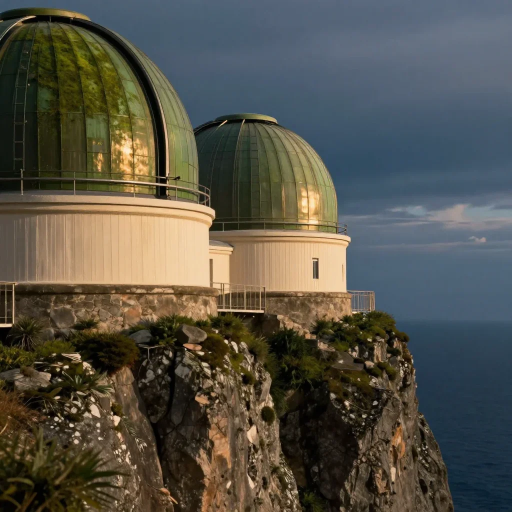 a cliffside observatory at blue hour, cinematic architectural photography, gentle reflected light, moss green and cream