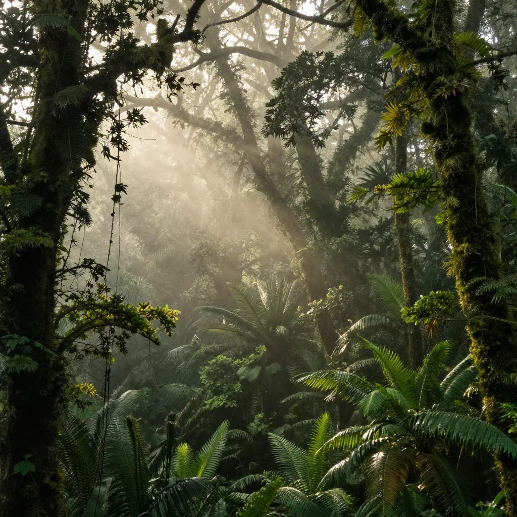 a cloud forest canopy at first light, refined editorial travel photography, gentle reflected light, moss green and cream
