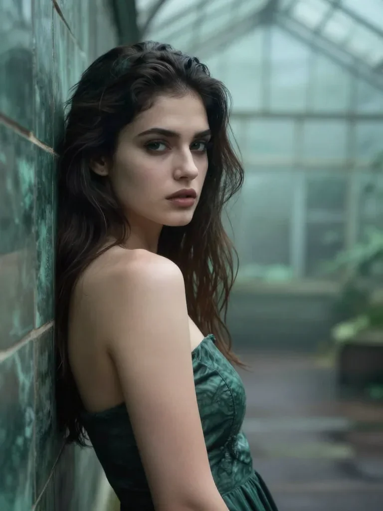 a striking woman with a smoldering over-the-shoulder gaze in a wind-swept lean against a wall, in a greenhouse humid wit