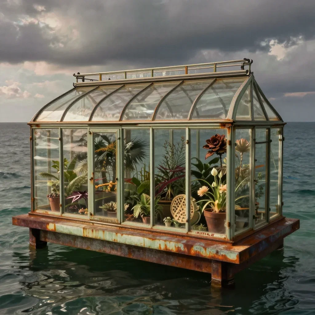 a floating botanical conservatory in a gentle sea breeze, museum-quality still-life photography, atmospheric depth, rust