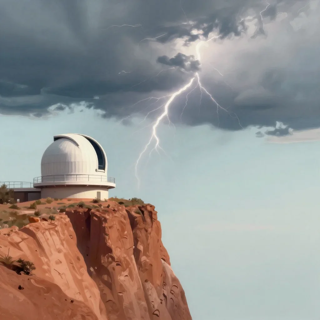 a cliffside observatory after a distant thunderstorm, modernist poster illustration, calm negative space, terracotta and