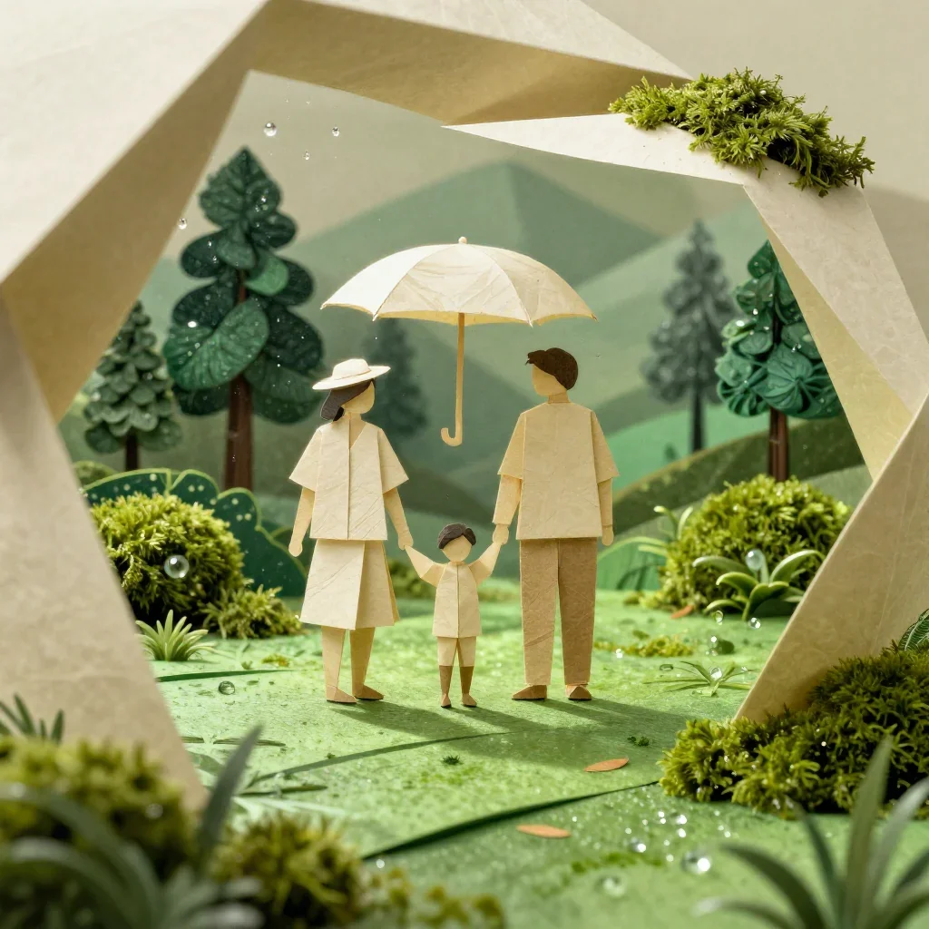 a folded paper kinetic sculpture after warm summer rain, Japanese woodblock-inspired editorial art, layered foreground f