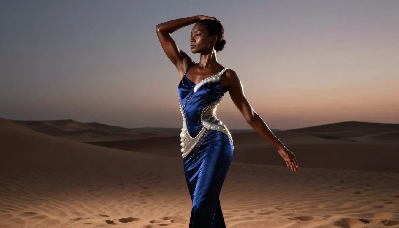 a chiseled athlete in dramatic rim light, oiled skin in a graceful contrapposto pose, in a silent desert at twilight, fu