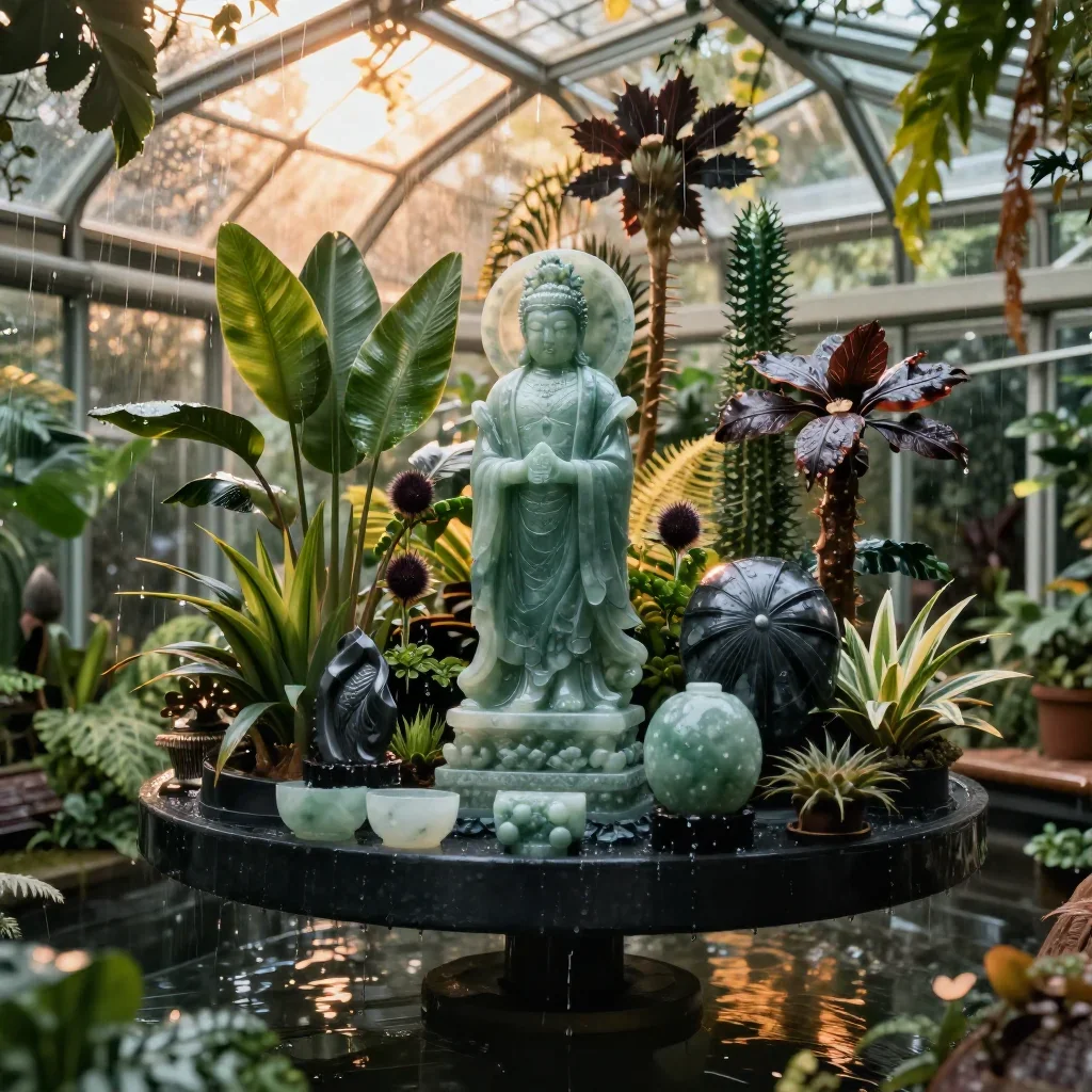 a floating botanical conservatory after warm summer rain, refined editorial travel photography, crisp material detail, j