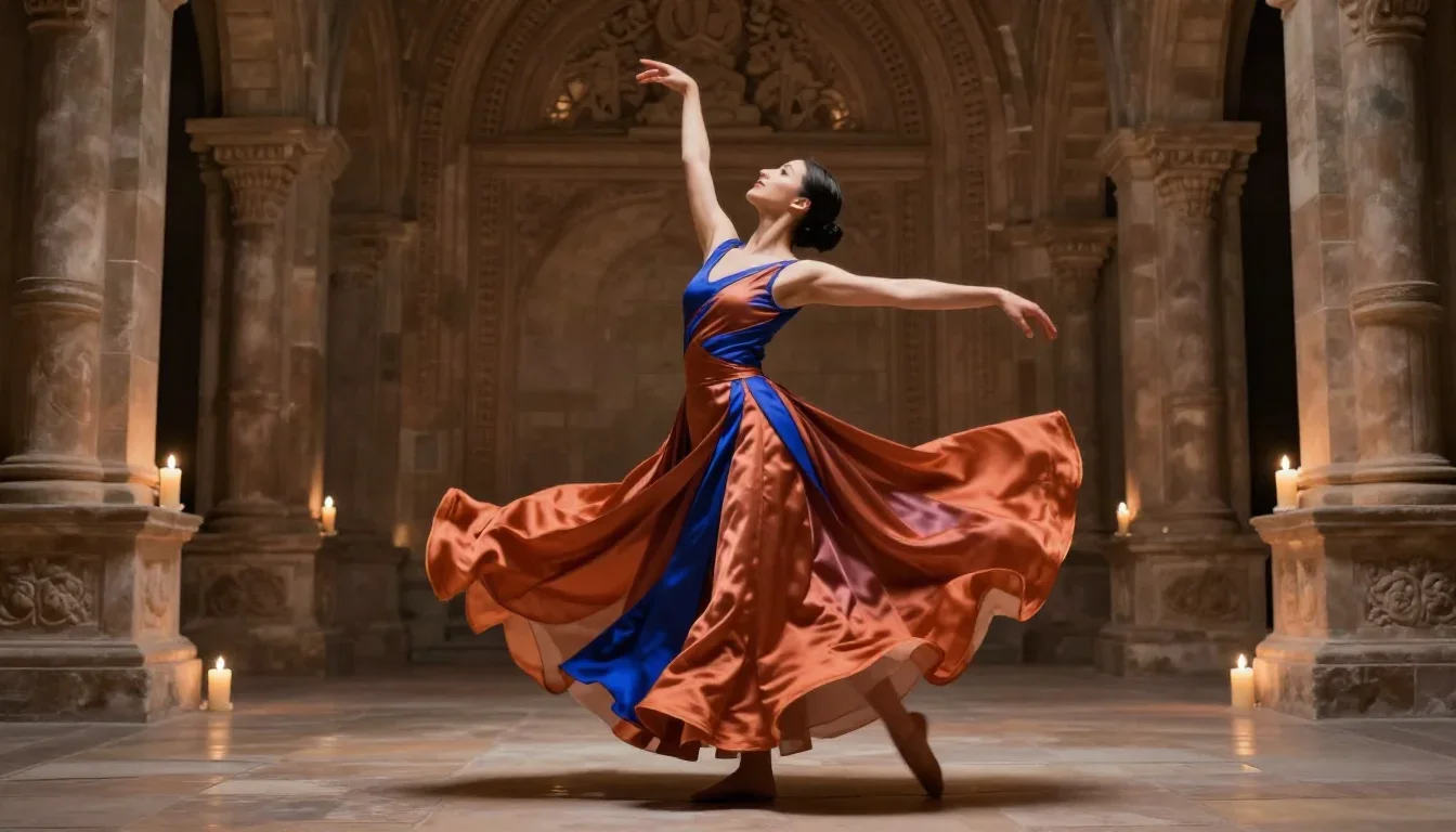 a dancer mid-spin in a silk maxi dress in a gentle reach toward the lens, in a candle-lit cathedral ruin, futuristic spe