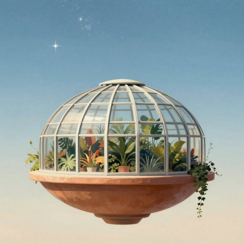 a floating botanical conservatory beneath a star-filled sky, modernist poster illustration, clean natural textures, terr