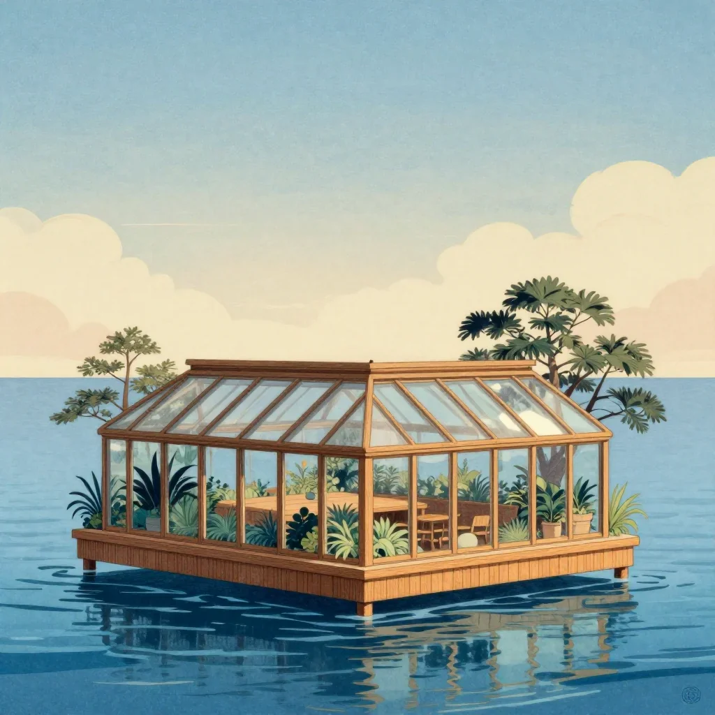 a floating botanical conservatory in a gentle sea breeze, Japanese woodblock-inspired editorial art, calm negative space