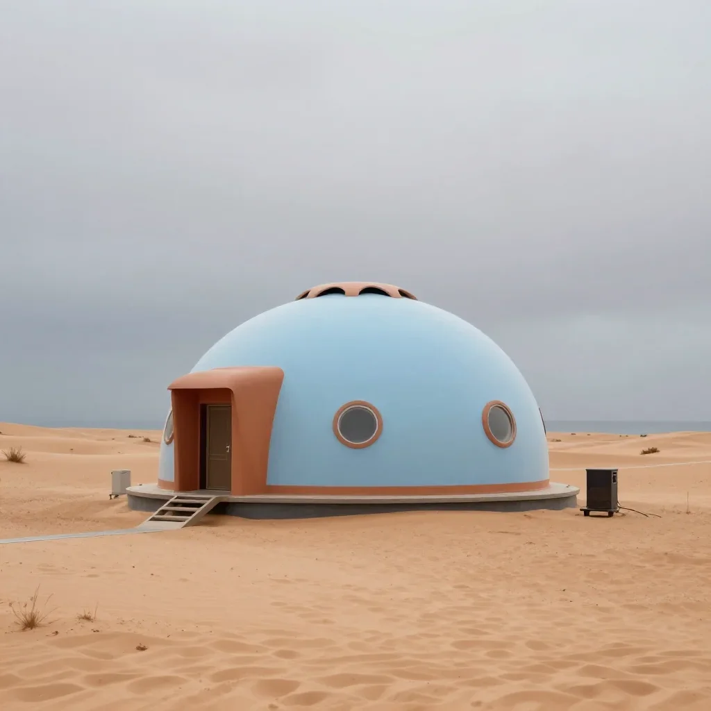 a desert research station under overcast coastal light, quiet science-fiction concept art, crisp material detail, terrac