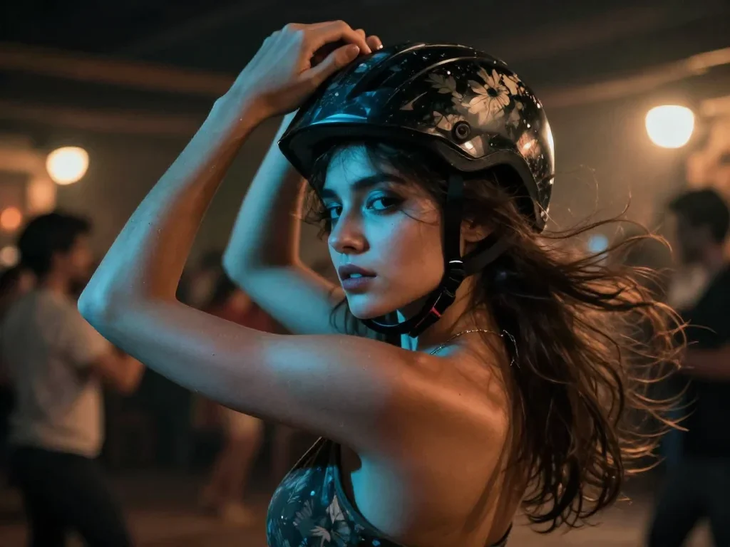 a rider removing a helmet, flushed and windblown in an alluring over-the-shoulder glance, on a midnight dance floor, neo