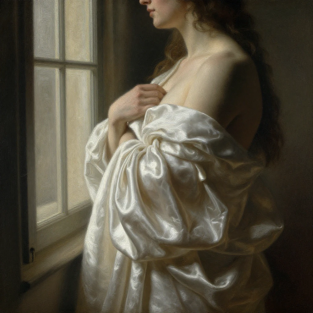 Intimate chiaroscuro study: silk robe slipping from a shoulder, Rembrandt window light, soft grain