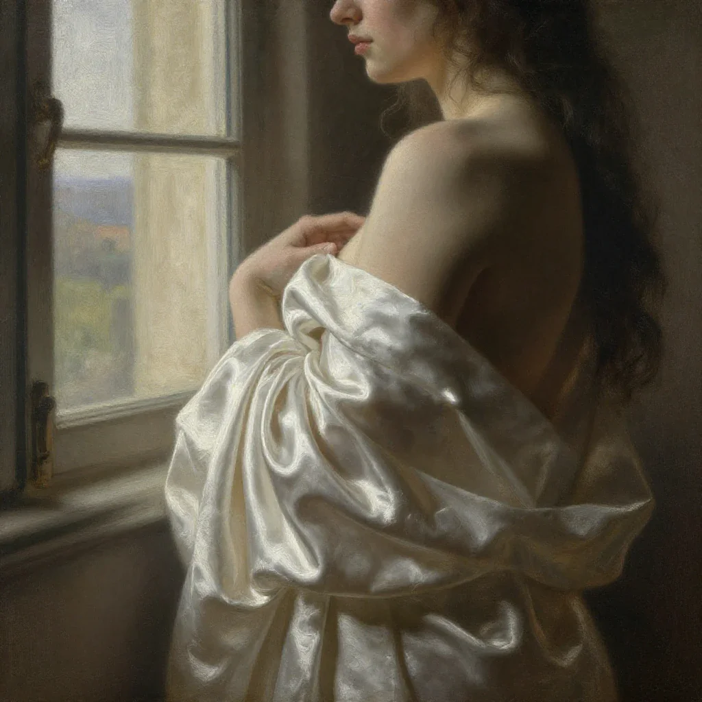 Intimate chiaroscuro study: silk robe slipping from a shoulder, Rembrandt window light, soft grain