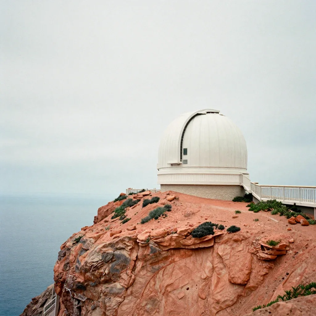 a cliffside observatory under overcast coastal light, soft-grain analog film photography, subtle film grain, terracotta 