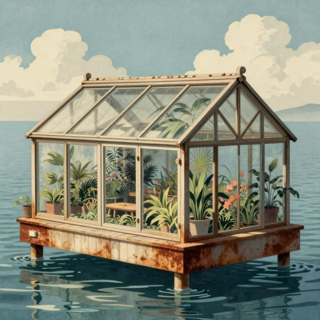 a floating botanical conservatory in a gentle sea breeze, Japanese woodblock-inspired editorial art, clean natural textu