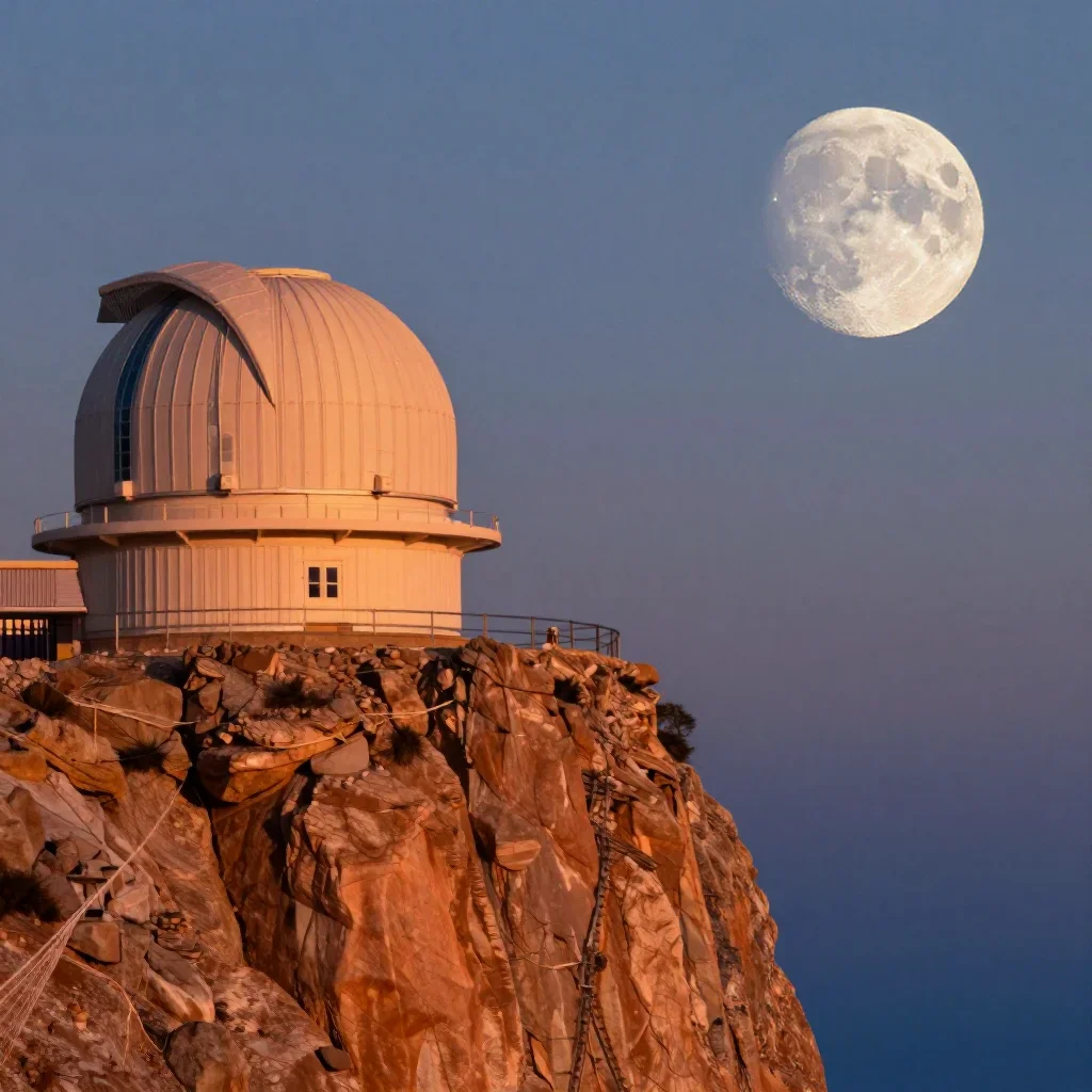 a cliffside observatory at moonrise, cinematic architectural photography, calm negative space, ochre and ultramarine pal