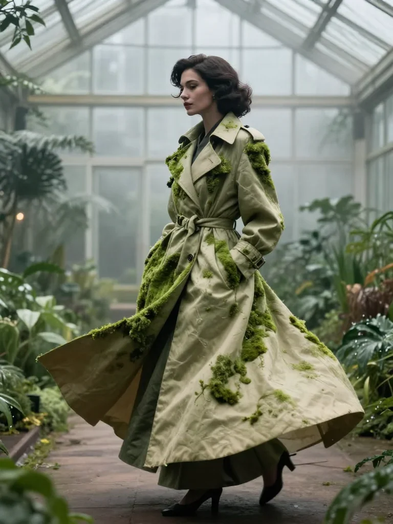 a noir detective's femme fatal muse in a trench coat mid-turn with fabric catching the light, in a greenhouse humid with